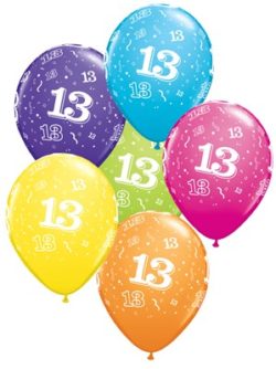 Age 13 Latex 11" Asst. Colour Balloons 6pk