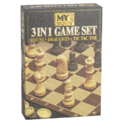 3 in 1 Traditional Board Game Set – Chess, Draughts & Tic Tac Toe