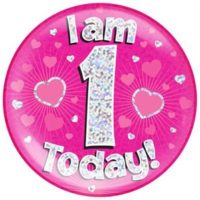 Pink First Birthday Holographic Jumbo Badge