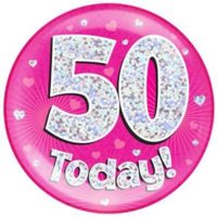 Pink 50th Birthday Holographic Jumbo Badge