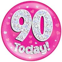 Pink 90th Birthday Holographic Jumbo Badge